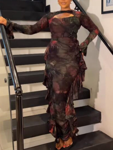 Plus Size Mixed Print Flounce Design Cut Out Bodycon Dress AR8037