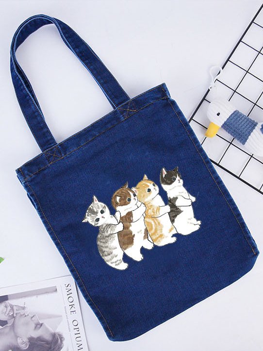 Casual Blue Denim Cat Pattern Tote Shoulder Bag Women cc48