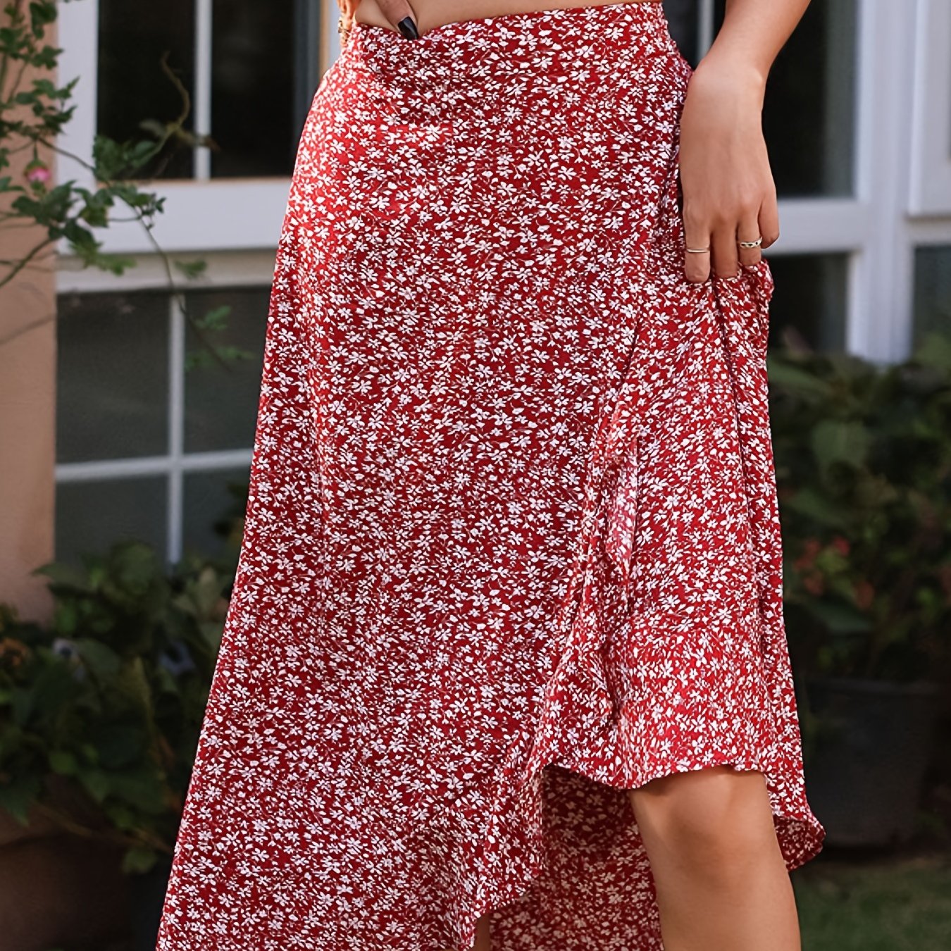 Ditsy Floral Print Asymmetric Skirts, Vacation High Waist Knee Length Skirts, Women's Clothing AZ10029