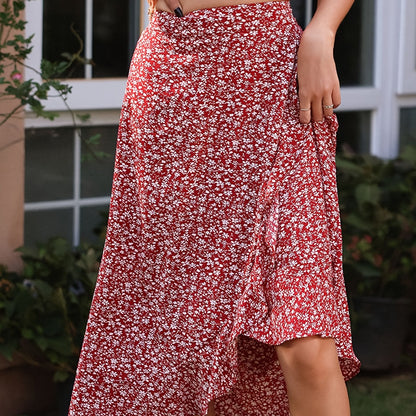 Ditsy Floral Print Asymmetric Skirts, Vacation High Waist Knee Length Skirts, Women's Clothing AZ10029