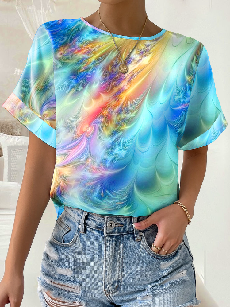 Crew Neck Abstract Loose Casual T-Shirt  WI101