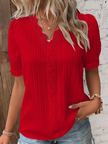 V Neck Plain Lace Elegant Shirt  mm241