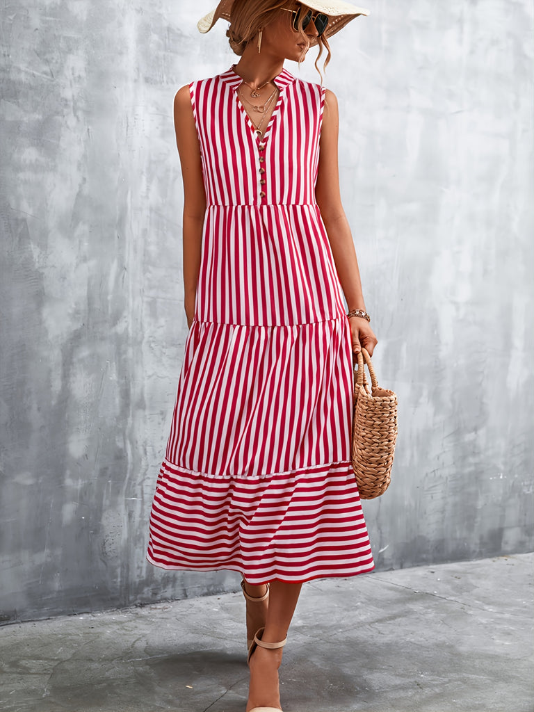 Women's Dresses V-neck Striped Button Elegant Dress AE1014