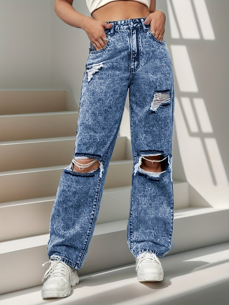 Ripped Holes Washed Straight Jeans TY6521 Furdela