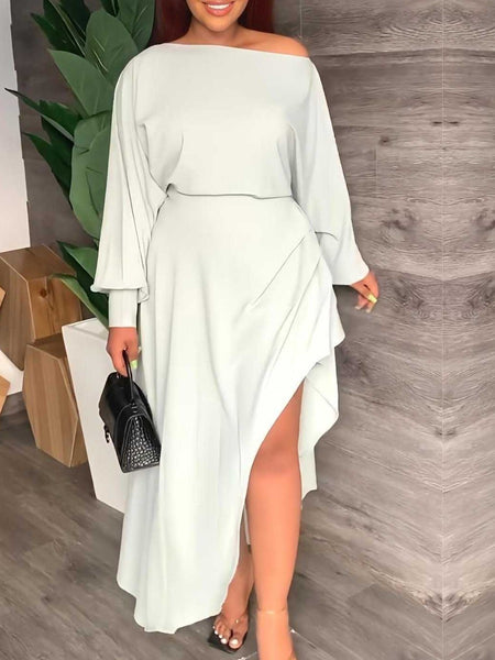 Plus Size Inclined Neck Fold Design Asymmetrical Split Dress AT9024