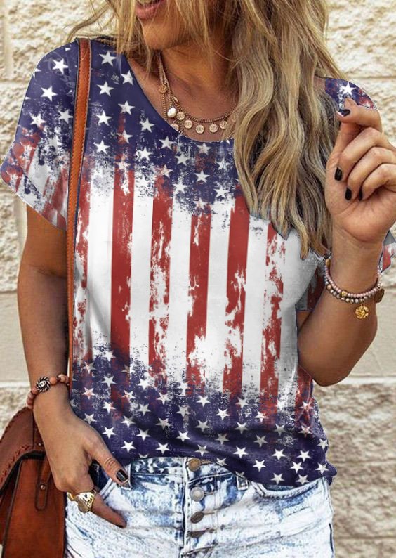 America Flag Casual Crew Neck T-Shirt  cc147