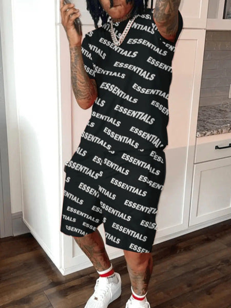 Men Letter Print Drawstring Shorts Set AR50115