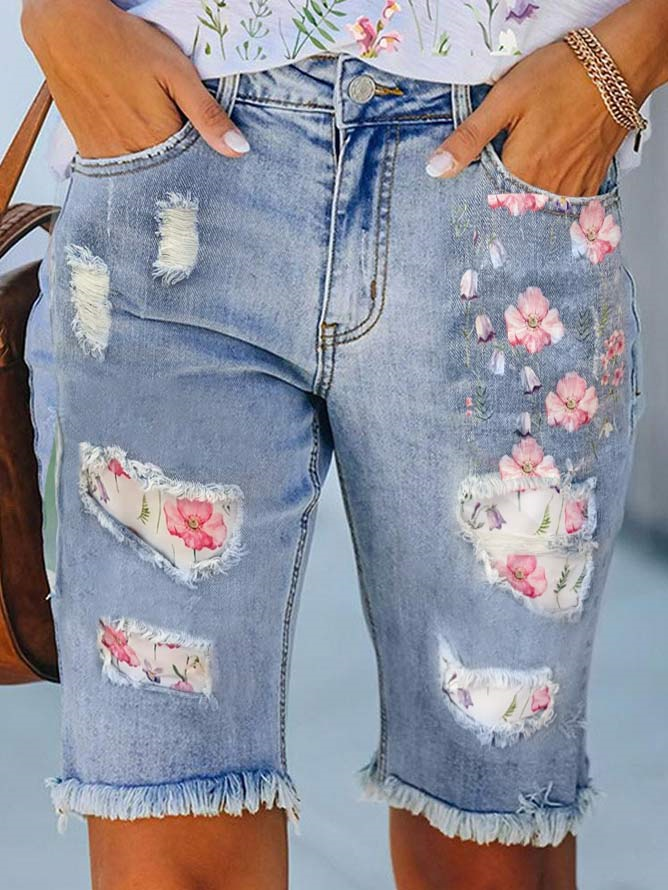 Floral Denim Loose Casual Denim Shorts  QB119