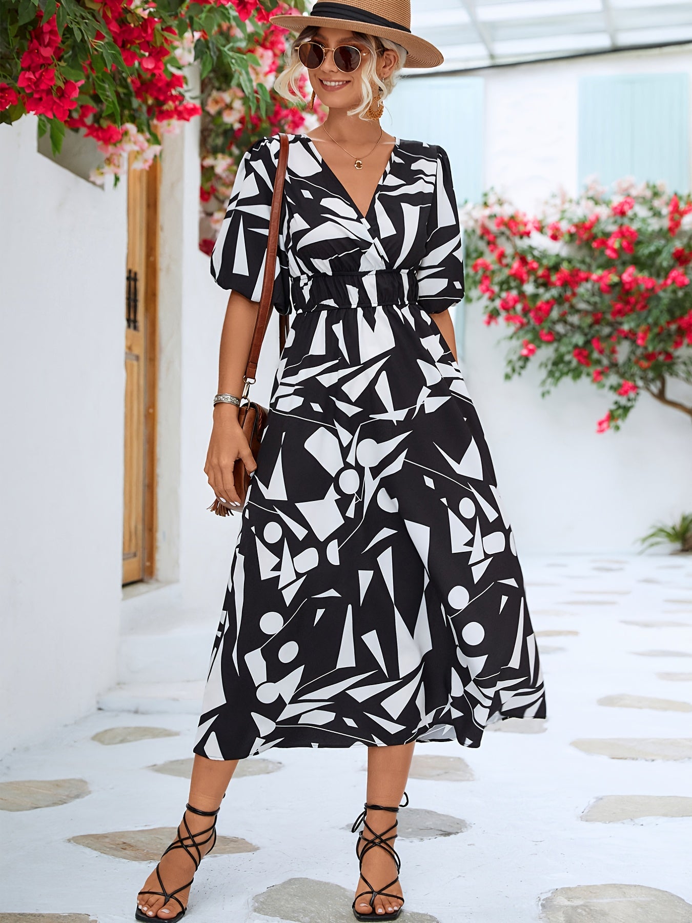 Geometric Print Puff Sleeve Dress, V Neck Short Sleeve Dress, Casual Every Day Dress, Women's Clothi AE109