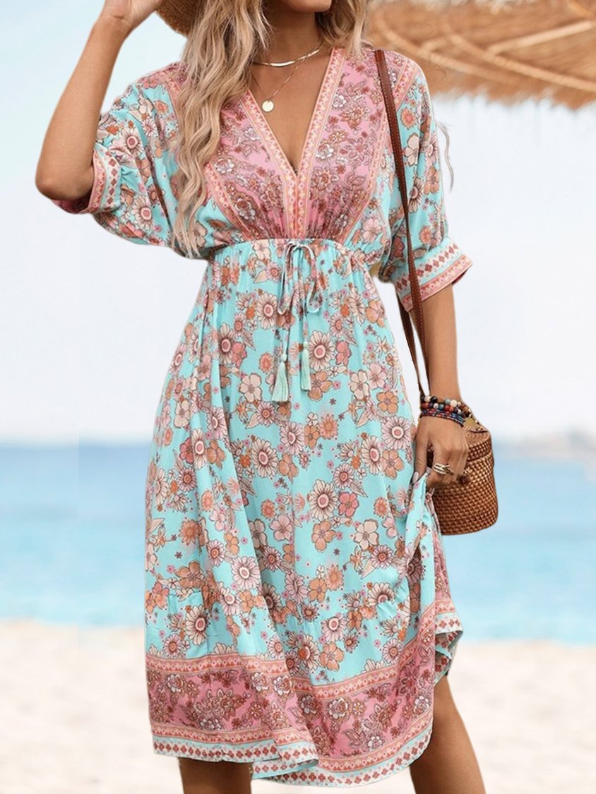 V Neck Vacation Floral Print Tie Back Batwing Sleeve Drawstring Waist Dress UU30