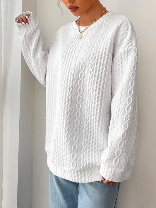 Geometric Loose Crew Neck Drop Shoulder Cable Textured Pullover Sweatshirt PJ58