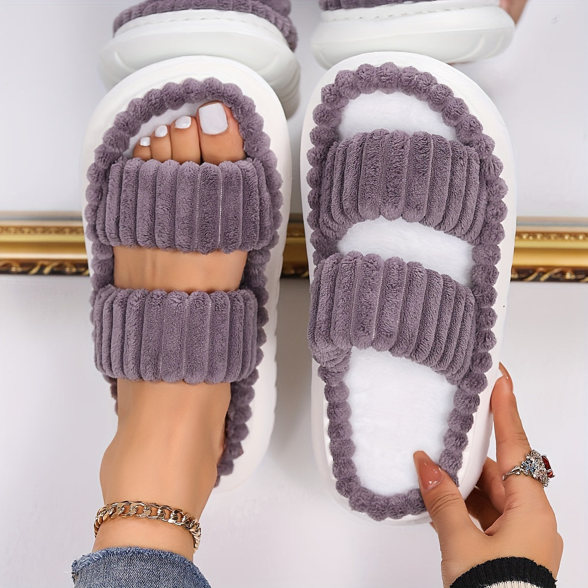 Women's Double Straps Plush Slippers HT0147 Furdela