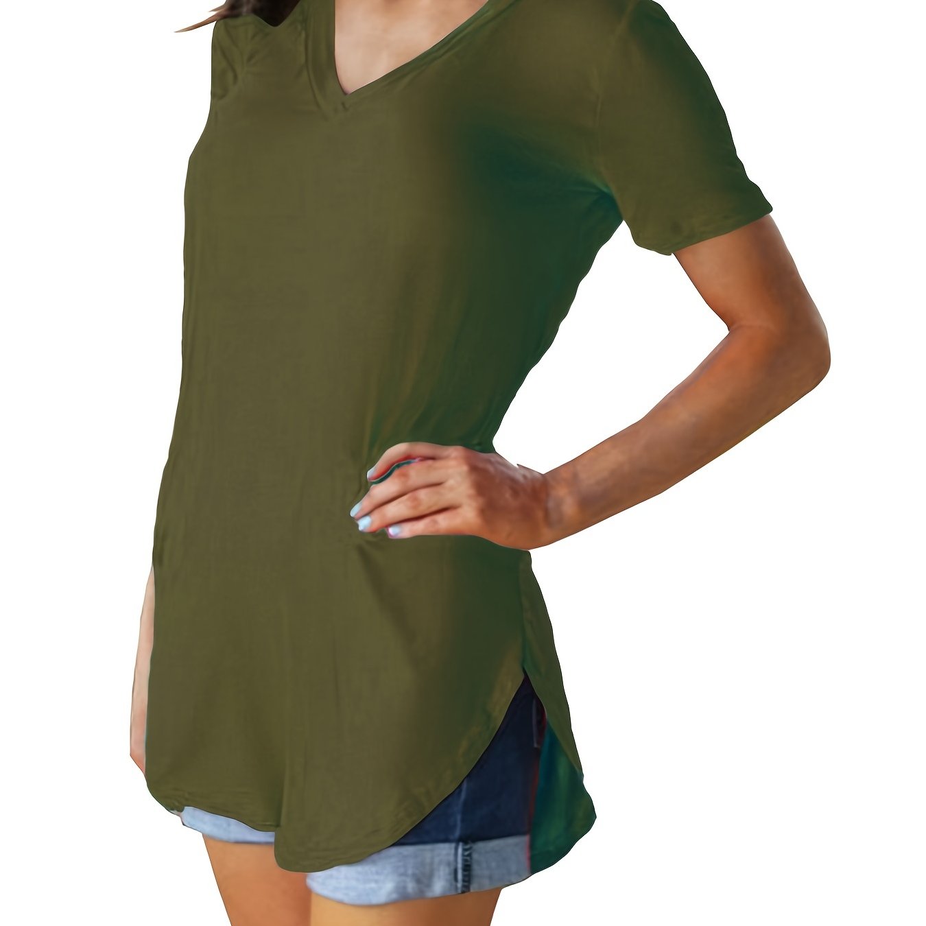 Hem Arc Spilt Hem T-shirt, Casual V Neck Short Sleeve Summer T-shirt, Women's Clothing RA104