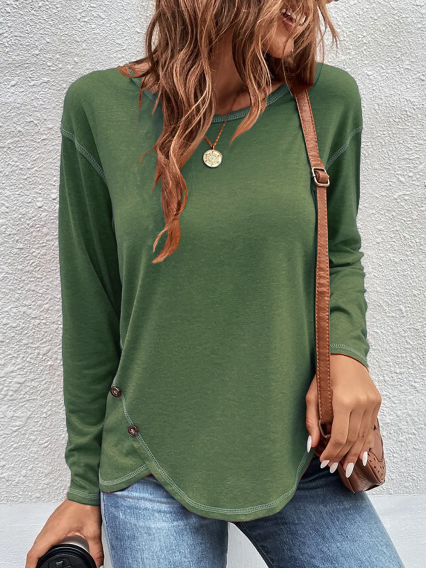 Casual Plain Autumn Cross Neck Micro-Elasticity Jersey Standard Regular H-Line Tunic T-Shirt for Women QAL47