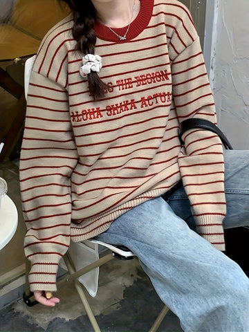 Letter Pattern Striped Pullover Sweater KR9143 Furdela