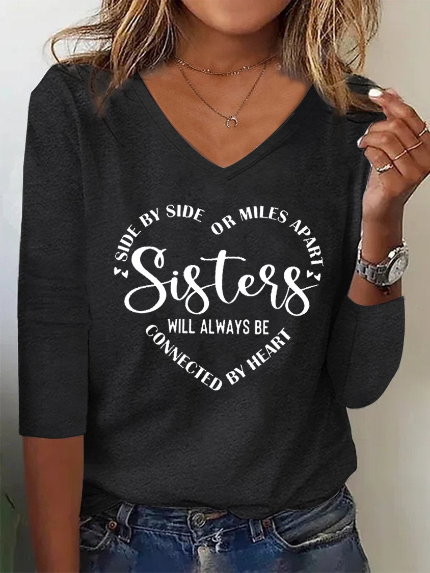 Women Sister Text Letters Regular Fit Casual V Neck T-Shirt MMy26