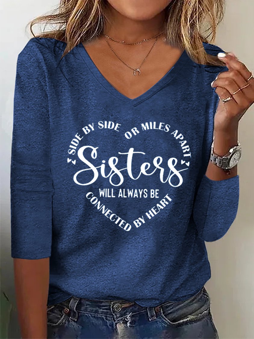 Women Sister Text Letters Regular Fit Casual V Neck T-Shirt MMy26