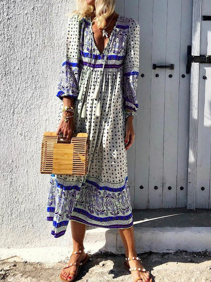 Women Daytime Boho V-Neck Printed Paneled Dress MMr3