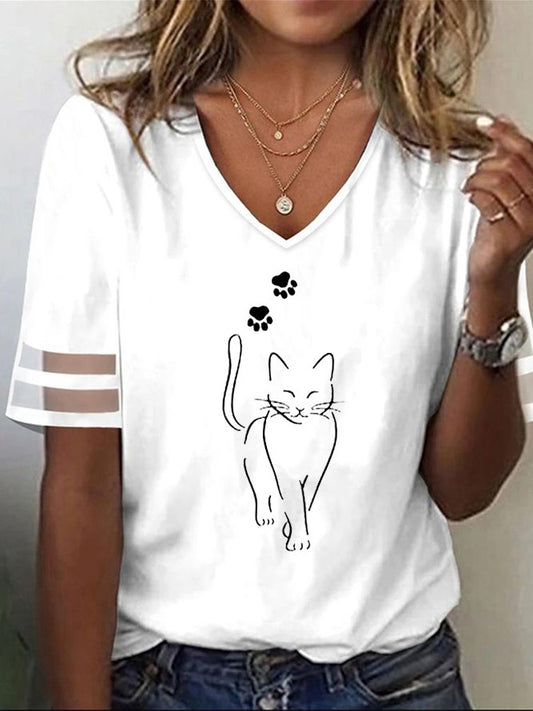 V Neck Casual Loose Cat T-Shirt  WS111