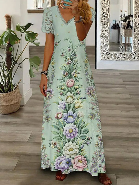 Regular Fit Floral Vacation V Neck Dress CC33