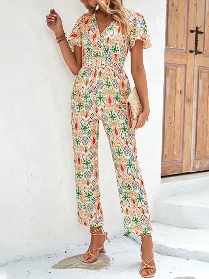 Full Graphic Print V Neck Short Sleeve Jumpsuit, Casual Long Length High Waist Jumpsuit, Women's Clo AE102