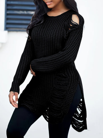 Solid Crew Neck Ripped Split Pullover Sweater FH9741 Furdela