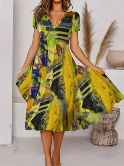 Women's Boho Printed V Neck Floral Weaving Dress AT10044