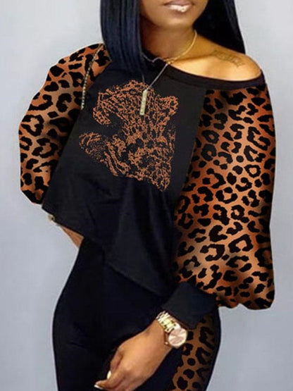 Plus Size Crop Top Leopard Print Skinny Pants Set AT9052