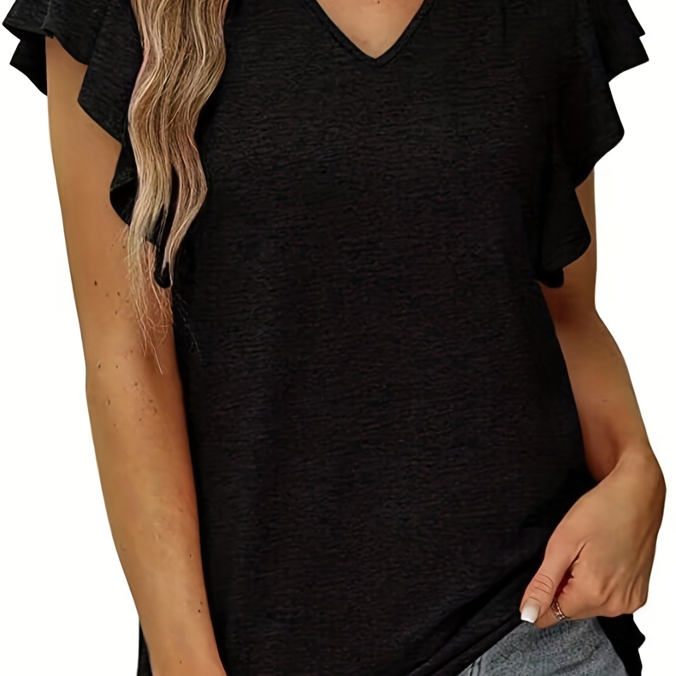 Solid Flared Sleeve T-Shirt, Casual V-Neck T-Shirt, Casual Every Day Tops, Women's Clothing AZ10024