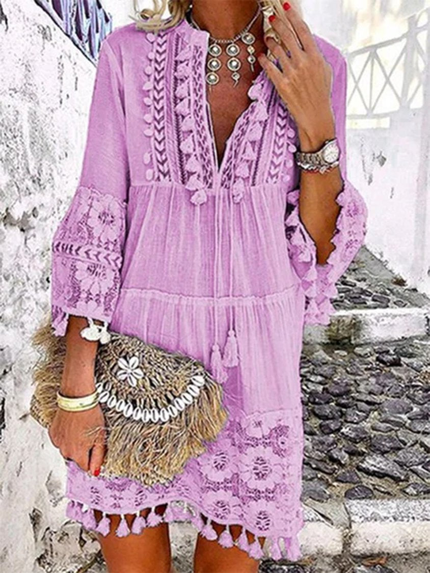 Women Summer 3/4 Sleeve V Neck Holiday Boho Dress MMy2