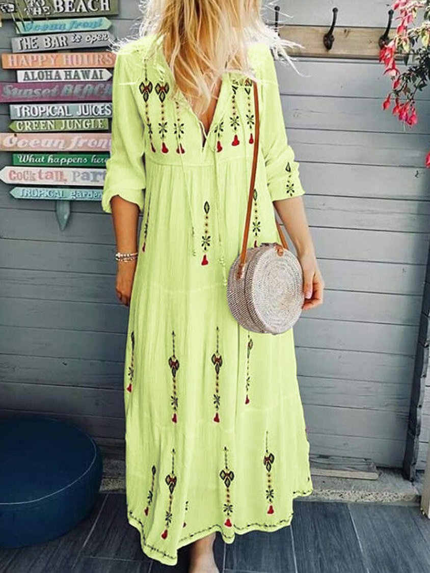 V Neck Women Dresses Cotton Embroidered Dresses MMr44