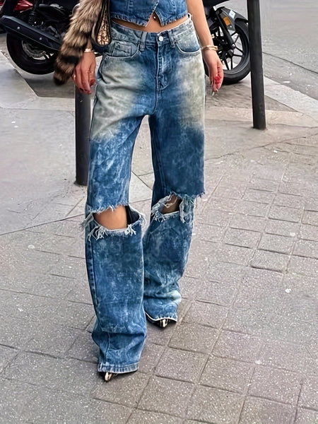 High Waist Slant Pockets Distressed Chic Denim Pants YH1789 Furdela