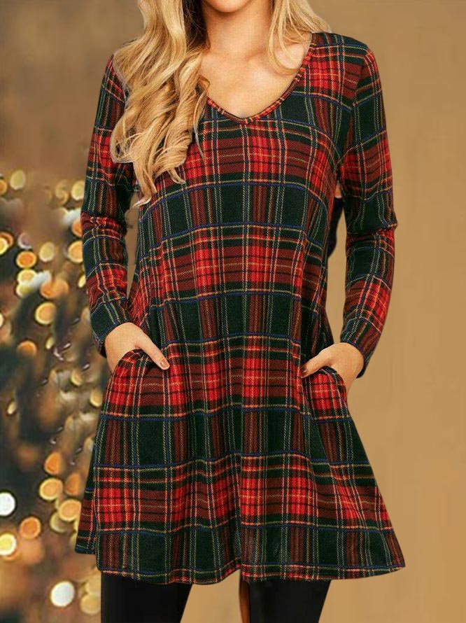 Women Christmas Plaid Print Loose Holiday Knee-Length V-Neck Sexy Dress PJ5 - Furdela