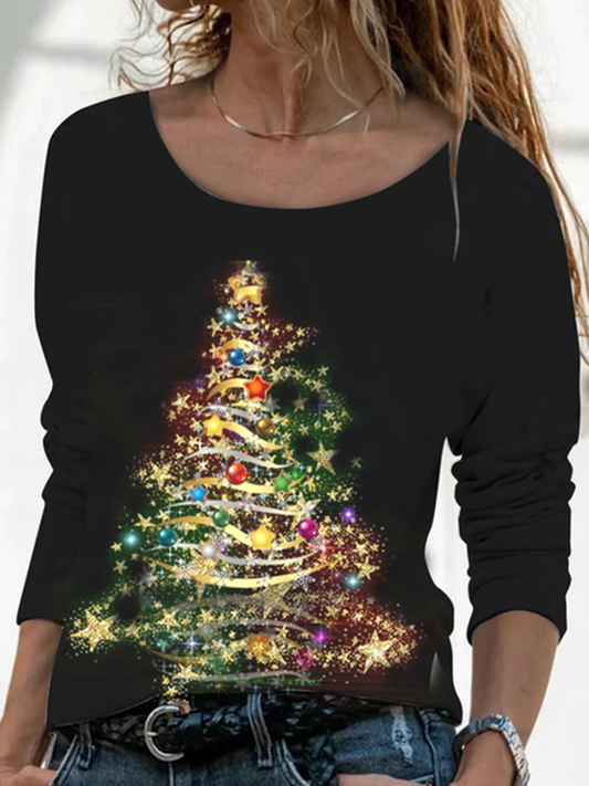 JFN Women Crew Neck Casual Shining Christmas Tree Top PJ13 - Furdela