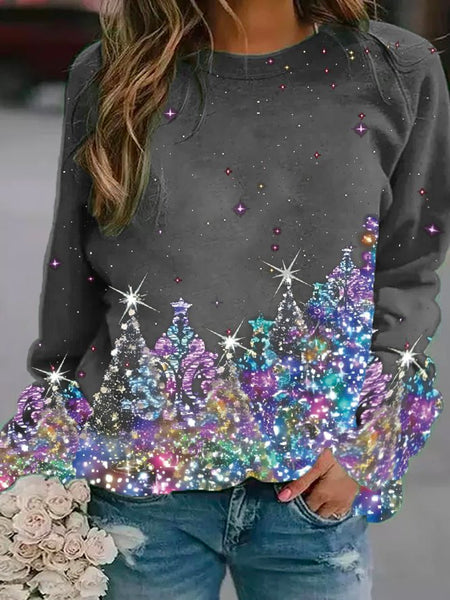 Women's Black Sweatshirt Colorful Christmas Tree Printed PJ18