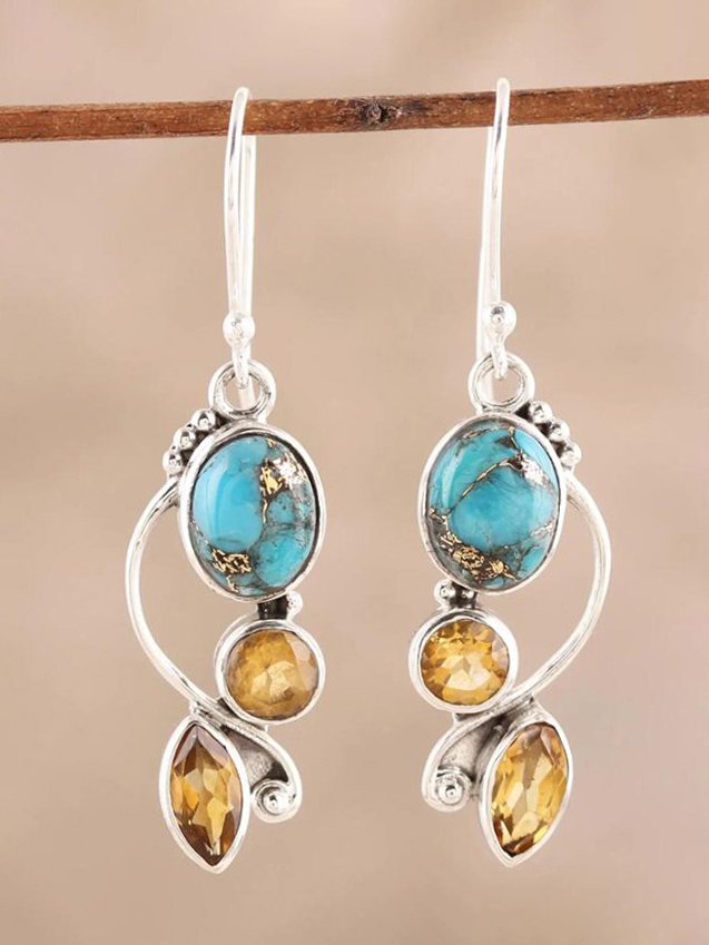 Vintage Turquoise Citrine Metal Earrings Ethnic Casual Women's Jewelry cc19