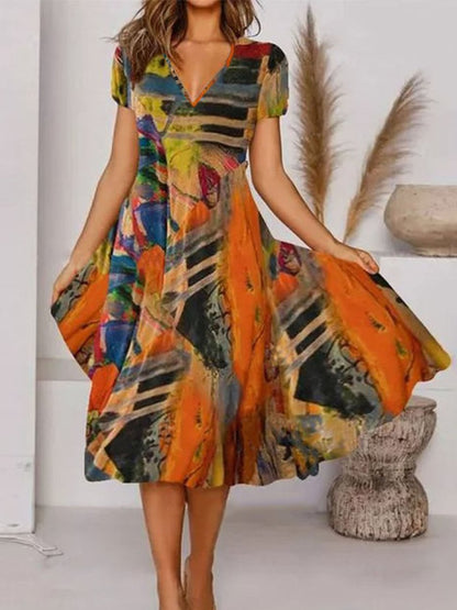 Women's Boho Printed V Neck Floral Weaving Dress AT10044