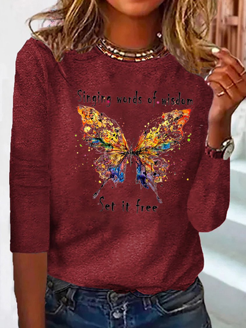 Butterfly Long sleeve Loose Casual T-Shirt QAL40