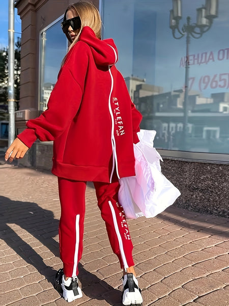 Zipper Back Drop Shoulder Hoodie & Elastic Waist Casual Pants Outfits FY8741 Furdela