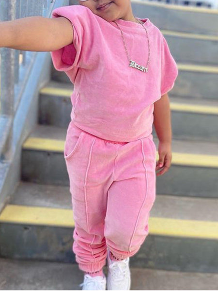 Girl Cap Sleeve Pocket Design Pants Set BO5088 Furdela