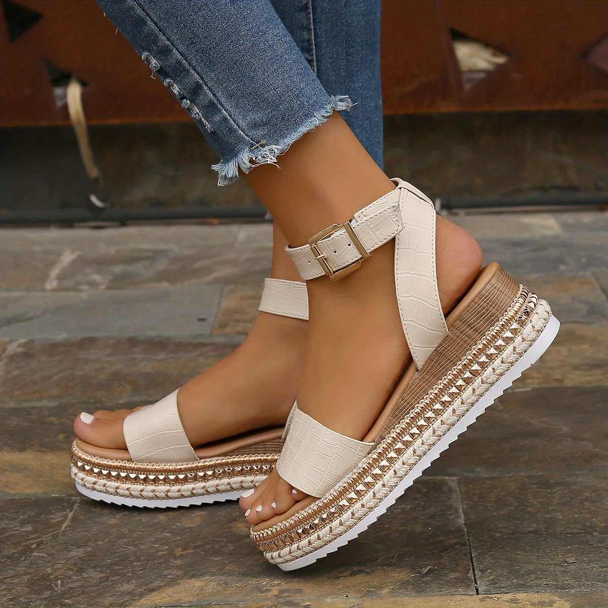 Women's Platform Espadrilles Wedge Sandals, Open Toe Buckle Strap Anti-skid Shoes, Summer Outdoor Sandals SE1047