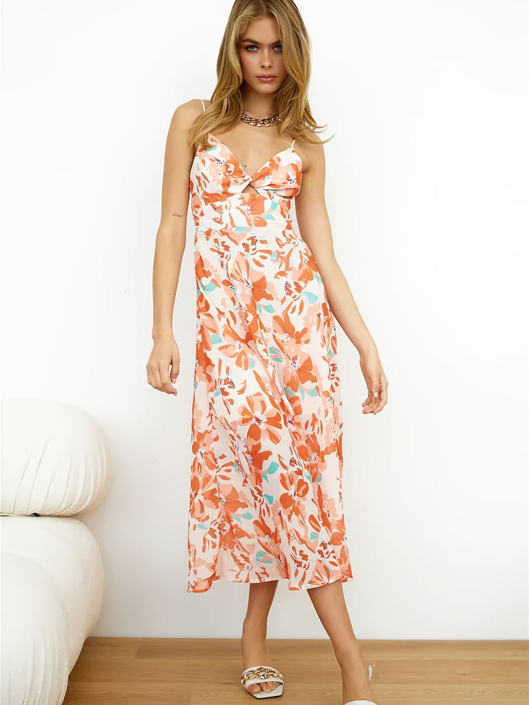 Twist Front Floral Print Cami Dress, Sexy Backless Spaghetti Dress, Women's Clothing AZ10027