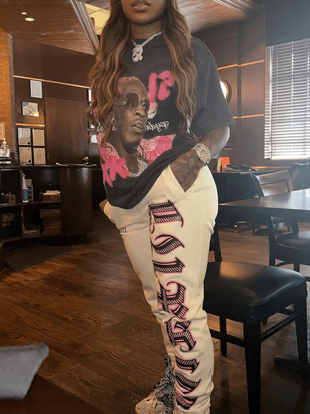 Pocket Design Pattern Figure Print Letter Skinny Two-piece Pants Set BO2119