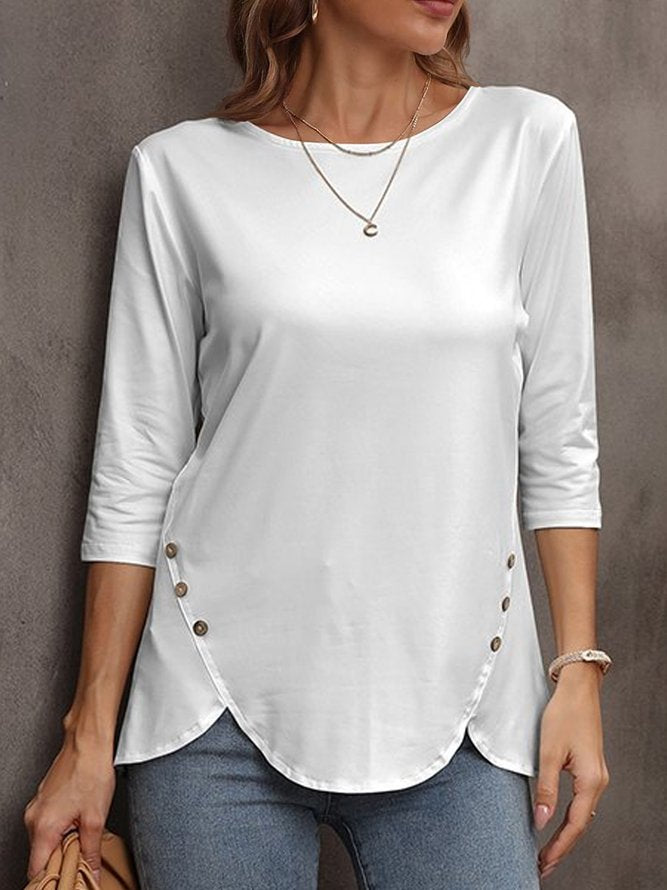 Plain Button Cropped Hem Tunic Top OY76