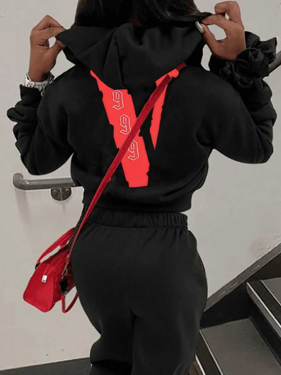 Figure Letter Print Kangaroo Pocket Hoodie BO3010