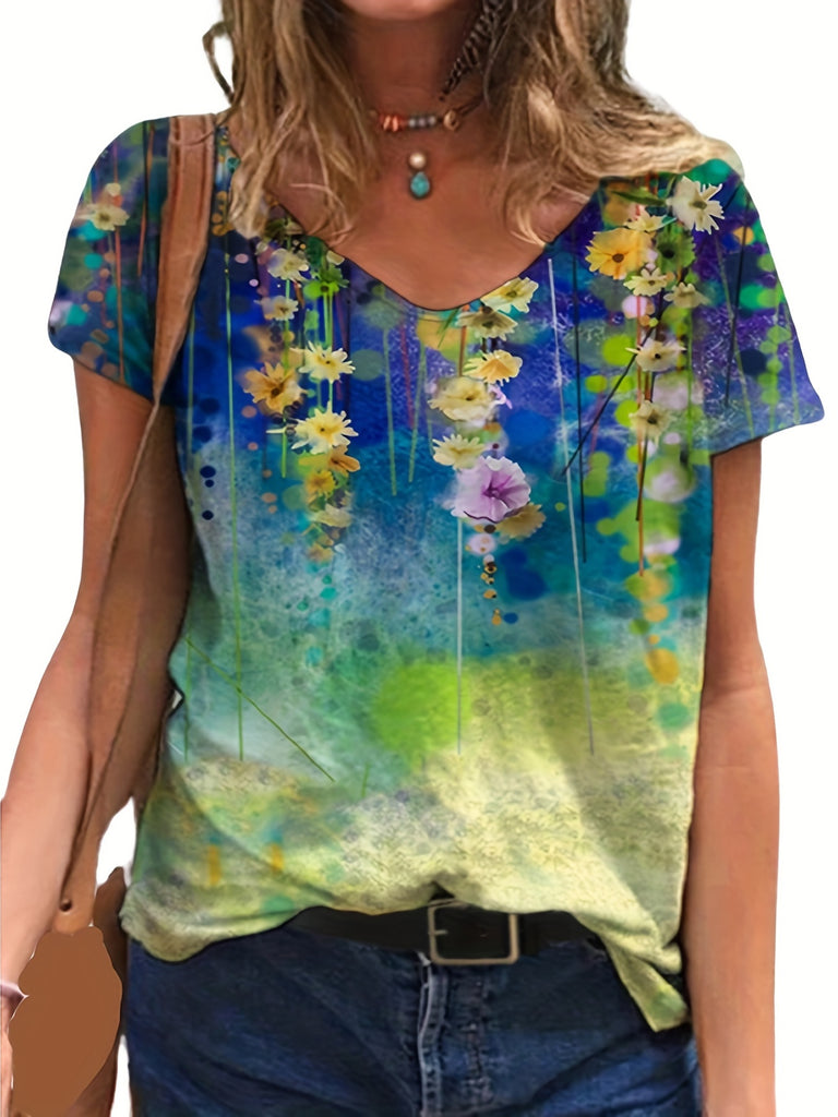 Floral Print V Neck T-Shirt, Casual Short Sleeve T-Shirt For Spring &amp; Summer, Women's Clothing RA1010