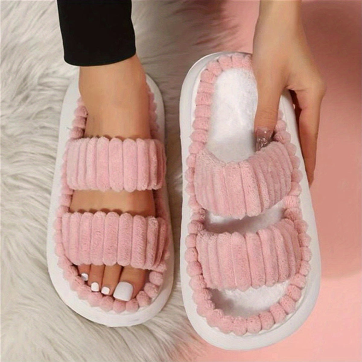 Women's Double Straps Plush Slippers HT0147 Furdela