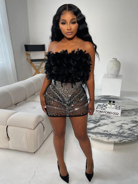 Off The Shoulder Feather Decor Rhinestone See Through Dress AT9023