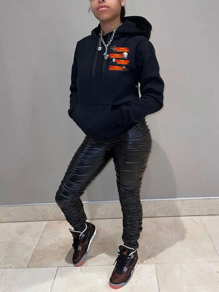 Pattern Kangaroo Pocket Print Letter Loose Hoodie BO3069