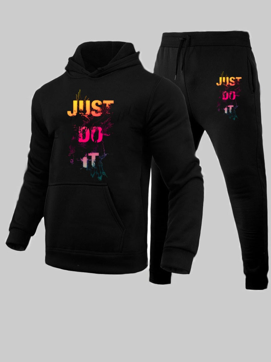 Men Just Do It Letter Print Kangaroo Pocket Tracksuit Set BO3035